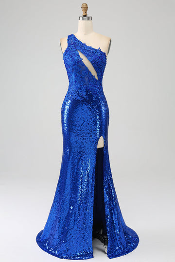 Una spalla Blu Reale Sirena vestito da ballo con fessura